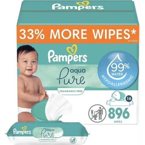 Pampers Baby Wipes Aqua Pure, 99% water-based wipes, Hypoallergenic and Unscented Infant Wipe, 896 Total (16 Flip-Top Packs)
