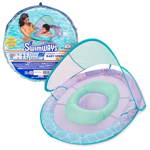 SwimWays Baby Spring Float, Baby Pool Float with Canopy, Swim Training PFD, Swimming Pool Accessories for Babies and Toddlers 9-24 Months, Mermaid