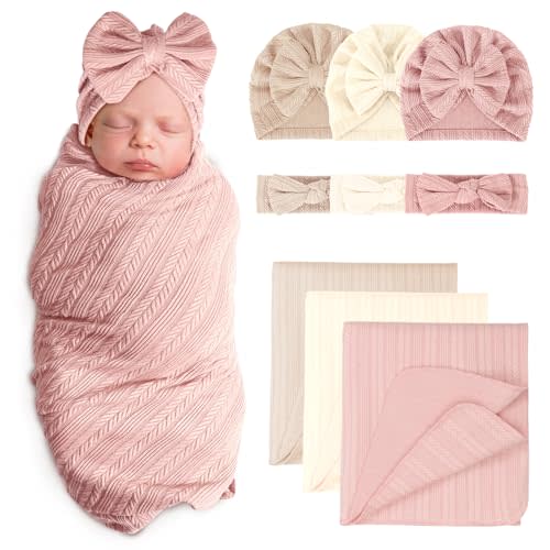AQOKKA Newborn Receiving Blanket with Bow Hat Headband Set Wheat-Pattern Newborns Toddler Baby Boy Girl Nursery Swaddle Wrap