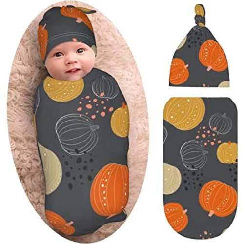 Cute Pumpkin Halloween Baby Stuff Newborn Swaddle Blankets Outfit Beanie Hat Sets Soft and Stretchy Blanket Swaddle Sack for Boy and Girl Baby Photography