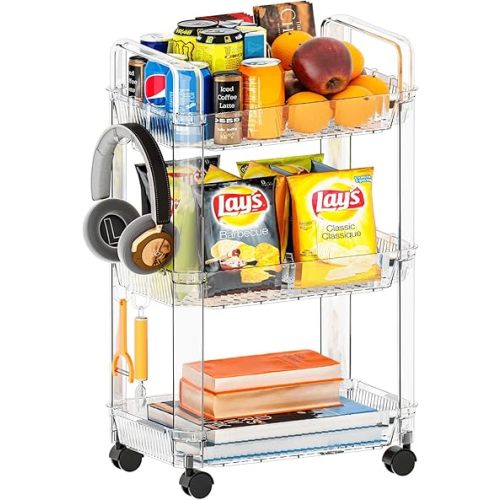 3 Tier Rolling Cart with Wheels,Clear Acrylic Utility Rolling Storage Cart Suitable as Dorm Room Storage,Bathroom Storage Rack,Narrow Kitchen Cart,Art Organizers or Diaper Caddy