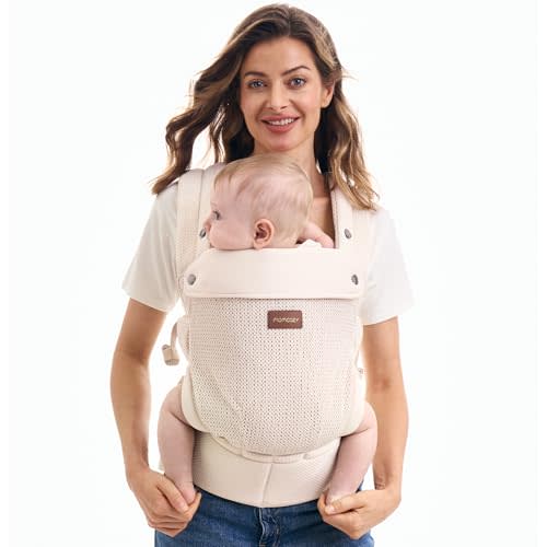 Momcozy Breathable Baby Carrier, Ergonomic and Lightweight Infant Carrier for 7-45lbs with Enhanced Lumbar Support, All Day Comfort for Hands-Free Parenting, Air Mesh-Apricot Beige