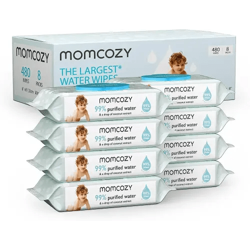 Baby Wipes, Momcozy Water Wipes-Extra Large Size Design, 99% Water Based Wipes & a Drop of Coconut Extract, Unscented & Hypoallergenic for Sensitive Skin, 8 Flip-Top Packs (480 Wipes Total)