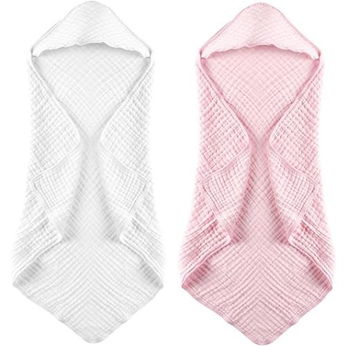 MUKIN Baby Hooded Towels, Muslin Cotton, 2-Pack, for Newborn, Infant, Toddler and Kids (White,Pink)
