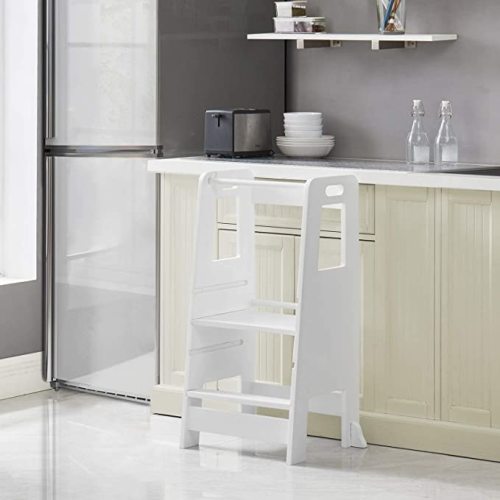 Kid's Wooden Kitchen Step Stool, 220lbs Capacity, Adjustable Platform Standing Tower, with Safety Guardrail Child Studying Tower, Toddler Stool for Bathroom, Cooking Helper(White