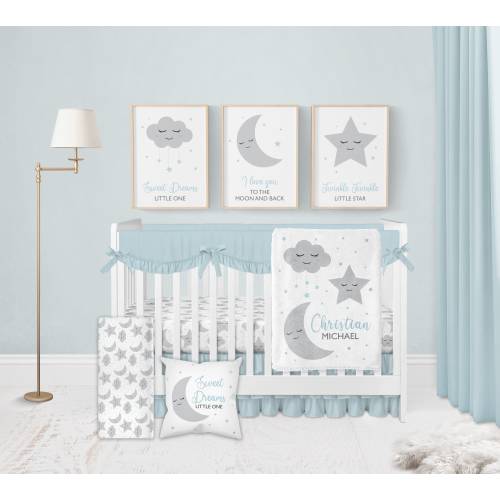 Baby Boy Crib Bedding Set, Moon and Stars Crib Bedding, Baby Boy Nursery Bedding Set, Crib Sheets Boy, Grey Blue Crib Bedding, Cloud Nursery