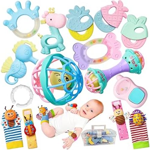 15PCS Rattles for Babies 0-6 Months - BPA-Free Baby Rattles 0-3, 6-12 Months for Newborn Soft Teething Toys Infant Toys with Wrist & Ankle Rattles, Baby Gift Set with Box for Hand-Eye Coordination