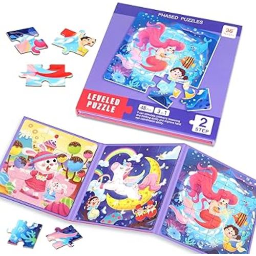 Magnetic Puzzles for Toddlers 1-3, Cartoon Mermaid Magnet 3 in 1 Jigsaw Puzzle, Kids Travel Puzzles Toys, Preschool Learning Toy for Kids 1-8 Year (Mermaid)