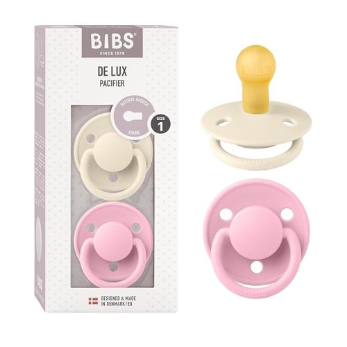 BIBS De Lux Baby Pacifier 2-Pack | Made in Denmark | BPA Free Dummy Soother, Round Nipple. Natural Rubber Latex, Size 1 (0-6 Months), Ivory/Baby Pink