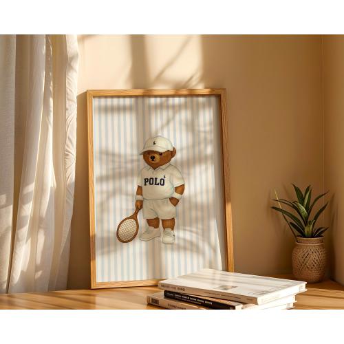 Polo Bear Art, Trendy Art Prints, Tennis Wall Art, Blue Stripe Art, Bear Wall Art, Nursery Animal Art, Sports Prints, Digital Prints