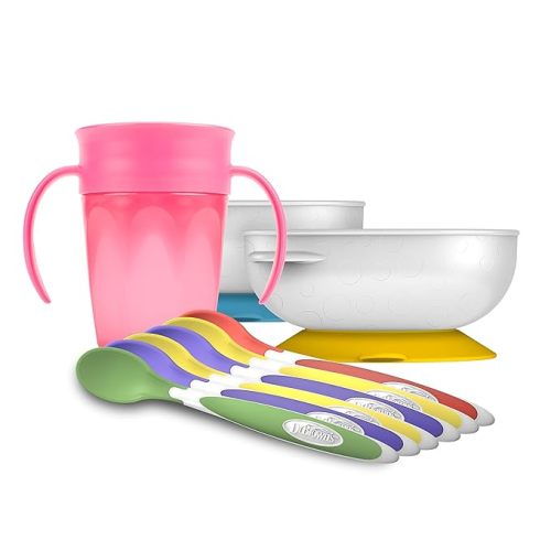 Dr. Brown's Soft-Tip Toddler Feeding Spoons, 6 Pack, No-Slip Suction Bowl, 2 Pack and Milestones™ Cheers360™ Training Sippy Cup with Handles, Pink, 7oz, 6m+