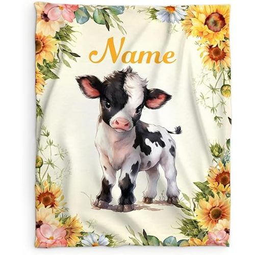 Custom Cow Blanket with Name, 40 x 30 Inches Soft Fuzzy Blanket for Baby, Farm Animals Lovers, Cute Fuzzy White Blanket, Warm Flannel Throw Blanket Bed Sofa Room Decor, Camping, Travel, Chair