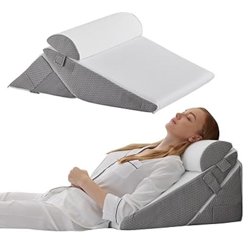 3Pcs Orthopedic Bed Wedge Pillow Set, Foam Wedge Pillow Post Surgery for Back, Leg and Knee Support, Adjustable 9&12 Inch Folding Triangle Pillow for Sleeping, Acid Reflux, Snoring, White/Grey