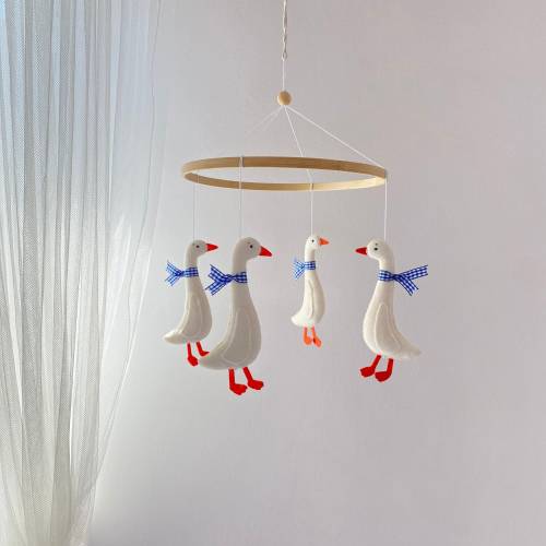 Duck Mobile Nursery - Baby Mobile White Goose with Blue Ribbon - Baby Mobile Boys - Crib Mobile Boy - Goose Baby Shower - Felt Goose