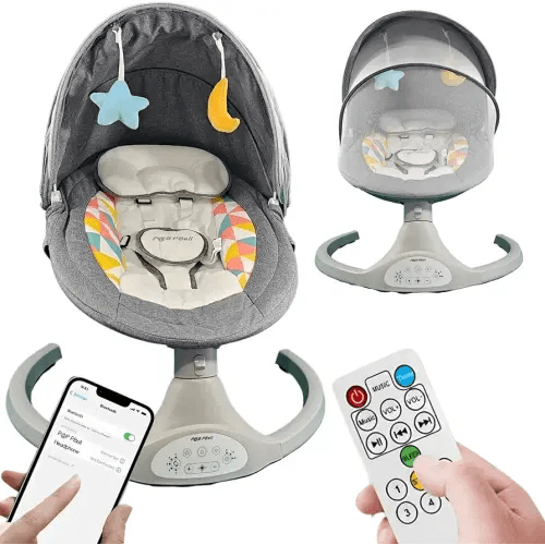 P@B PBell Balançoire pour bébé, transat bébé, haut-parleur musical Bluetooth 5 vitesses et télécommande, ceinture de sécurité à cinq points, balançoire pour bébé avec 2 jouets (Grise) … (Grise)