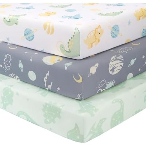 Baby Mini Crib Sheets Boy, Portable 38”x26” Pack and Play Sheets Fitted for Playard and Pack N Play Mattress, 3-Pack Soft Microfiber Green Dinosaur Planet