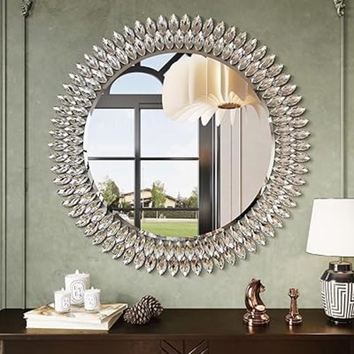 Kelly Miller Round Jeweled Mirror for Wall Decor, 32 in Modern Decorative Wall Mirror with Luxury Diamonds Beveled Vanity Mirror for Bedroom, Living Room, Bathroom, Hallway, Entryway, Fireplace