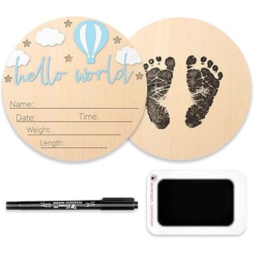 Baby Birth Announcement Sign with Marker Pen, Hot Air Balloon and White Cloud Baby Name Sign with Ink Pad, Hello World Newborn Announcement Nursery Decor Keepsake Gifts (Blue)