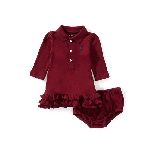 Ralph Lauren Baby Girls Long Sleeve Ruffled Drop-Waist Polo Dress