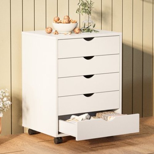 CONCETTA 5 Drawer Storage Cabinet with Wheels for Bedroom, Home, Office Organization, White