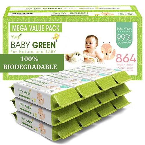 Yugi Green Baby Wipes Unscented Compostable Biodegradable and Organic– Value Pack (12 Packs of 72) 864 for Sensitive Skin & Nose - 72 Count (Pack of 12)