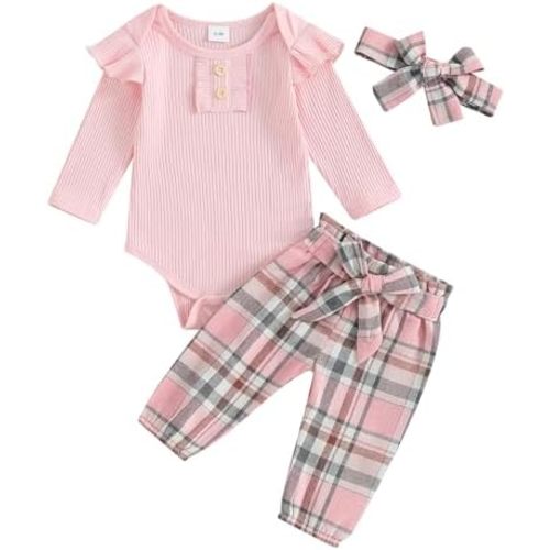 fhutpw Newborn Baby Girl Clothes Infant Rib Frill Long Sleeve Romper Flared Pants Headband Set 3pcs Fall Winter Outfits
