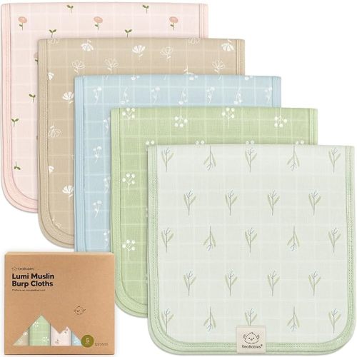 KeaBabies Cotton Muslin Burp Cloths Baby Boy, Girl - 5-Pack Soft & Absorbent Burping Cloth for Babies, Large Baby Towels & Washcloths for Newborn, Spit Up Rags, No Shrink, 20x10" (Wild Bloom)