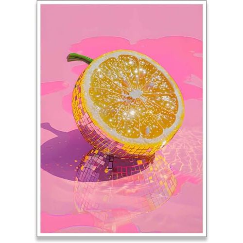 Generic Trendy Disco Ball Wall Art Funky Pink Disco Ball Lemon Poster Print Preppy Aesthetic Coquette Wall Decor Picture for Dorm Apartment Room Decor (Lemon, 16x24in poster)