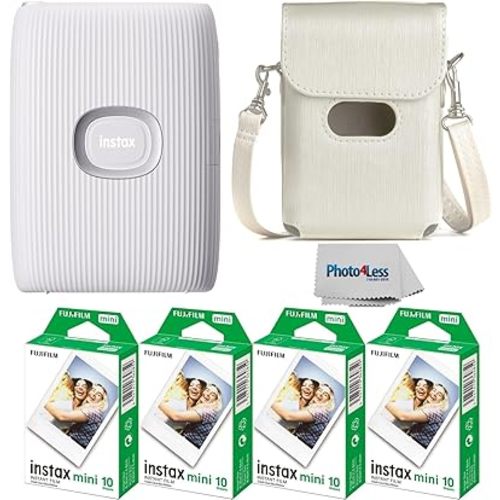 Fujifilm Instax Mini Link 2 Smartphone Printer Clay White, Fuji Instax Mini Film 40 Sheets, Protective Case, Instant Printer Bundle