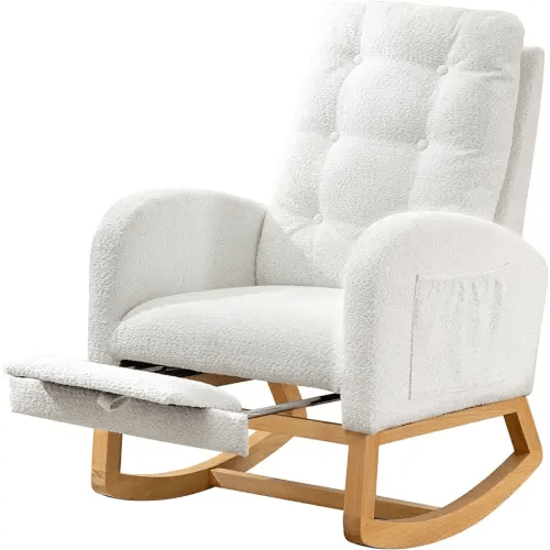 Cozy Armchair with Footrest | Ergonomic High Back Rocking Chair for Bedroom Living Room | Rubber Wood Legs | 26.77D X 38.36W X 39.76H Inch(White)