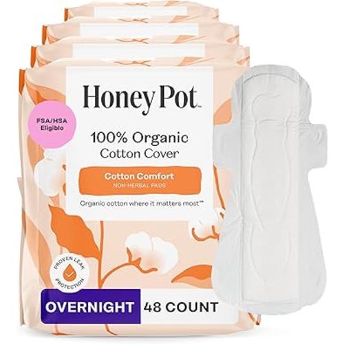 The Honey Pot Company - 48ct - Sanitary Pads for Women - Non-Herbal Overnight w/Wings - Organic Cotton Cover & Ultra-Absorbent Pulp Core - Feminine Care