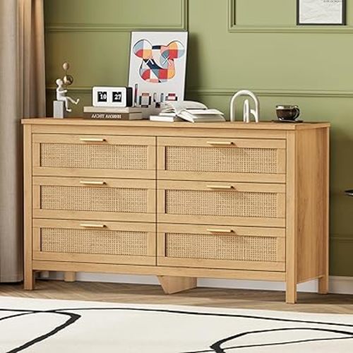 Rattan 6 Drawer Dresser for Bedroom, Wooden Storage Chest of Drawers with Metal Handles, Double Dresser Chest for Living Room, Entryway, Natural KES002MDG