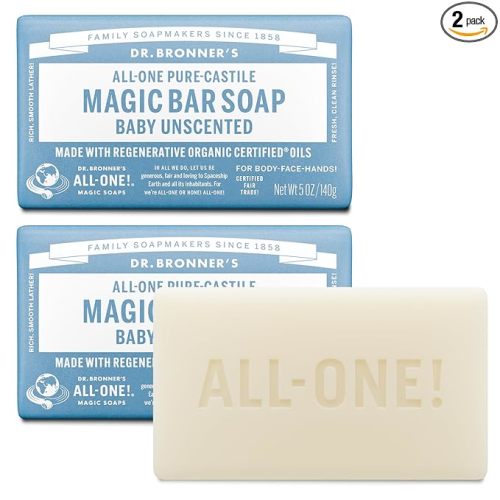 Dr. Bronner's Pure-Castile Baby Unscented Magic Bar Soaps - Made with Regenerative Organic Certified Oils - For Face, Hand, Hair Gentle on Sensitive Skin - Soap Bars for Men & Women - 2 Pack, 5 oz