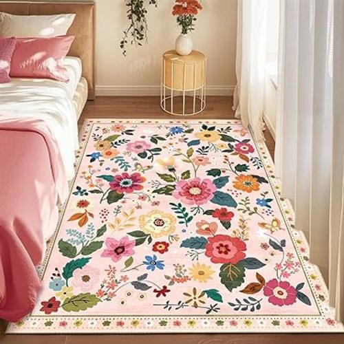 Floral Nursery 3x5 Area Rugs Washable Print Boho Cute Carpet Non Slip Flower Low Pile for Living Room Kids Girls Playroom Bedroom Kitchen Office Farmhouse-Pink