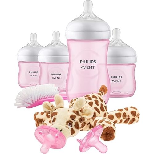 Philips AVENT Natural Baby Bottle with Natural Response Nipple, Pink Baby Gift Set with Snuggle, SCD838/03