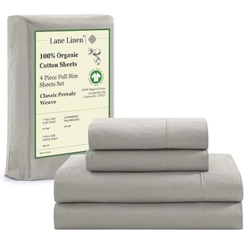 LANE LINEN 100% Organic Cotton Full Sheets Set 4-Piece Pure Percale Long Staple Soft Bedding Breathable Fits Mattress Upto 15" Deep - Silver