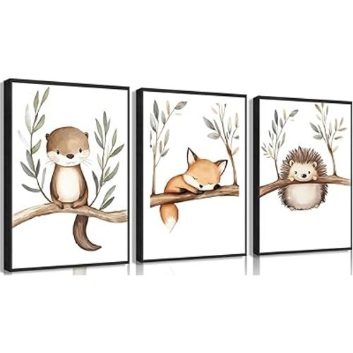 3Pcs Woodland Animal Wall Art, Cute Otter Fox Hedgehog Canvas Painting Poster Print, Nursery Kids Room Wall Decor Picture for Bedroom Playroom Decoration, 12x16 Inch Unframed
