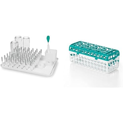 OXO Tot Bottle Drying Rack, Gray, 1 Count and Dishwasher Basket for Bottle Parts & Accessories, Teal, 1 Count