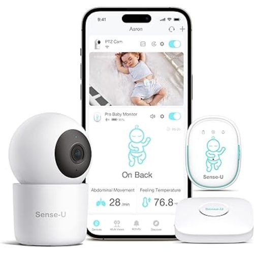Sense-U Smart Baby Monitor Pro(Long Range)+2K PTZ Camera: Track Abdominal Movement with Arousal Vibration, Rollover, Feeling Temp, 2K Video, Background Sound & Motion Detection, No Monthly Fee