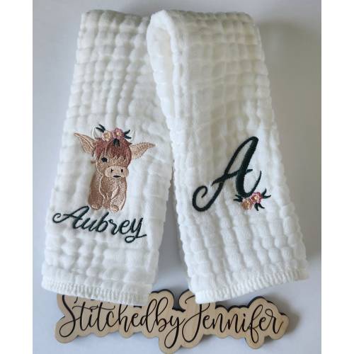 Baby Girl Highland Cow Personalized Baby Burp Cloths, Monogram, Embroidered, Baby Girl, Single or Set of 2