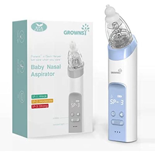 GROWNSY Nasal Aspirator for Baby, Electric Nose Aspirator for Toddler, Baby Nose Sucker, Automatic Nose Cleaner with 3 Silicone Tips, Adjustable Suctions, Music and Light Soothing Function (Blue)