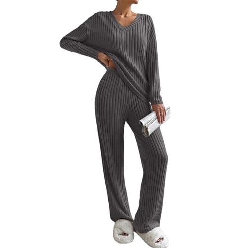 SHEWIN Women's Pajama Sets Long Sleeve Short Sleeve 2 Piece Lounge Sets Ribbed Knit Sweater Sleepwear