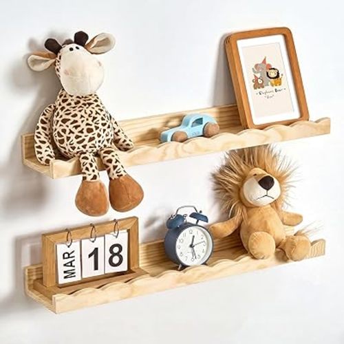 Fun Memories Picture Ledge Shelf for Wall, 24 inch Pine Wood Nursery Book Shelves Set of 2- Wall Book Shelves for Kids Room, Home Decor - Kitchen Spice-Natural.