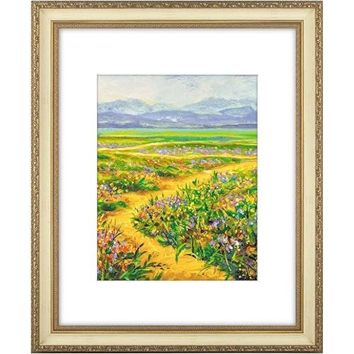 Golden State Art, 16x20 Vintage Ornate Finish Photo Frame with White Mat for 11x14 Picture. Color: Gold-Cream