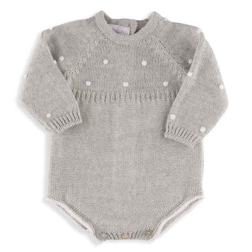 Henry Grey Long-Sleeve Knit Romper with White Dot Embroidery
