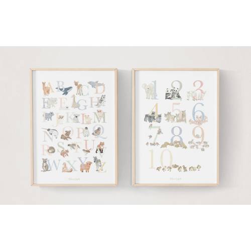 ALPHABET + ANIMAL NUMBERS set poster for children, abc, nursery gift idea for newborns, pastel illustration, Montessori bedroom decorations