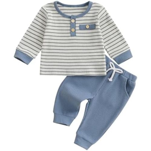ZAXARRA Baby Boy Outfits Waffle Striped Baby Sweatshirt Tops Elastic Long Pants Set Toddler Boy Fall Clothes