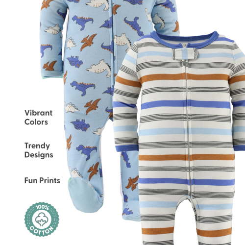The Peanutshell Cobalt Dino Baby Bodysuit Sleeper Set for 0-3 Months, 3-Pack