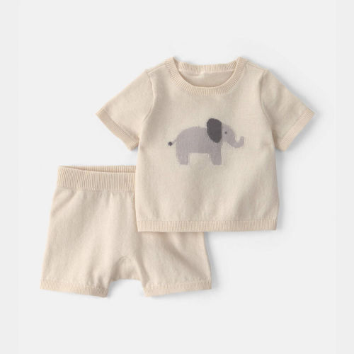 Baby 2-Piece Elephant Short-Sleeve Sweater Top & Short Set - Cream | Carter’s Oshkosh Canada