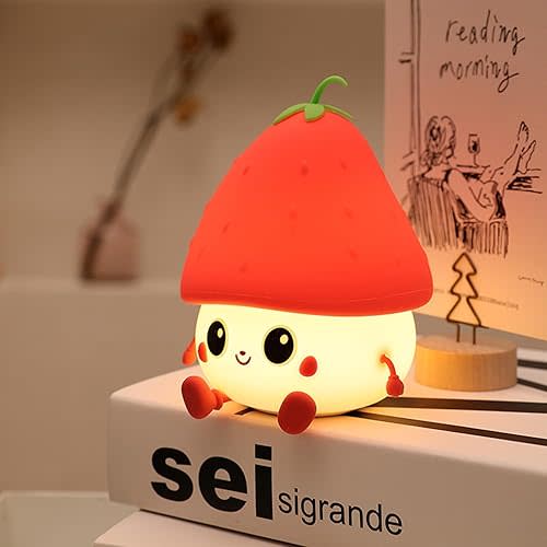 Strawberry Night Light, Cute Fruit Night Lamp for Kids Bedroom USB Rechargeable Lamps 2 Brightness Levels, Nursery Bedside Delay-Off Nightlight for Baby Toddler Boys Girls Birthday Christmas